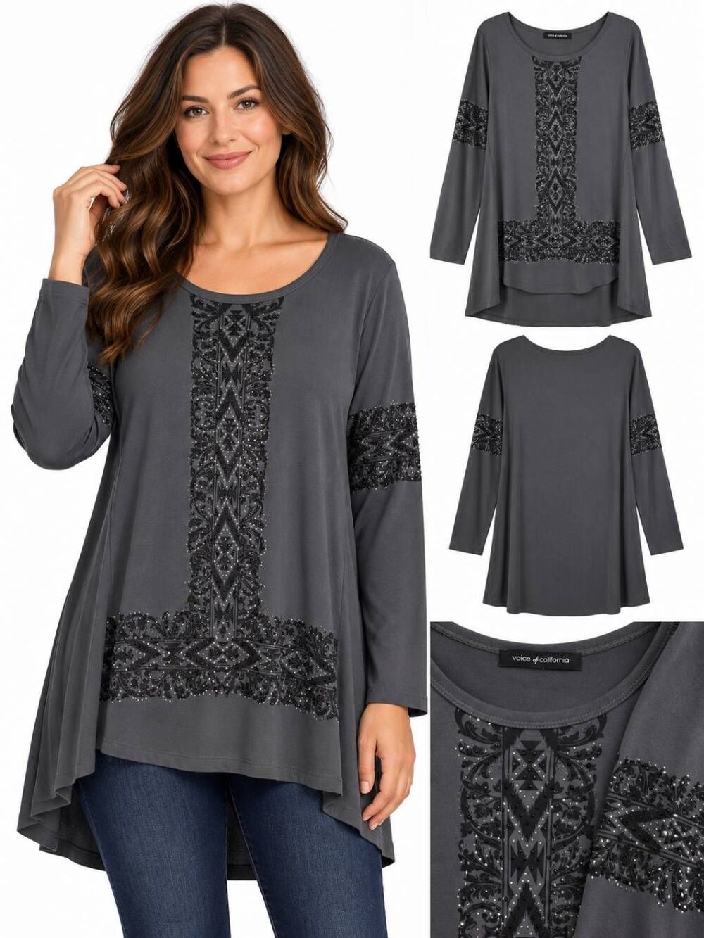 Voice of California XL Gray Embellished Tunic Top